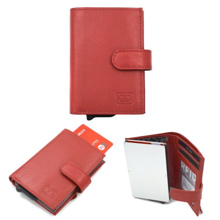 Biztonsági női bőr pénztárca kártyatartó bőr aluminium DD Exclusive RFID piros csatos