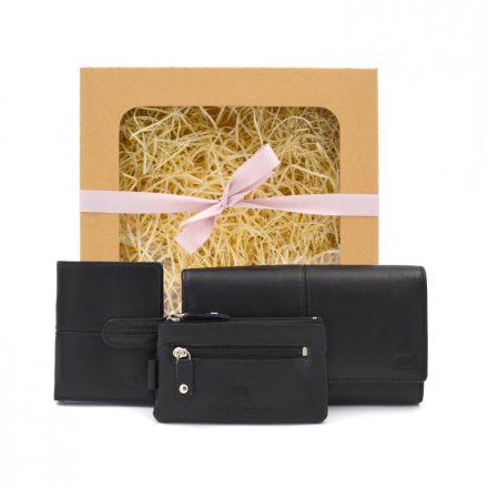 Női bőr pénztárca, kártyatartó, kulcstartó ajándékcsomag, fekete Giorgio Carelli + ajándék díszdoboz
