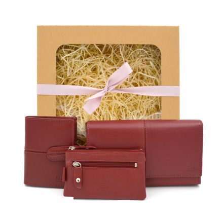 Női bőr pénztárca, kártyatartó, kulcstartó ajándékcsomag, piros Giorgio Carelli + ajándék díszdoboz