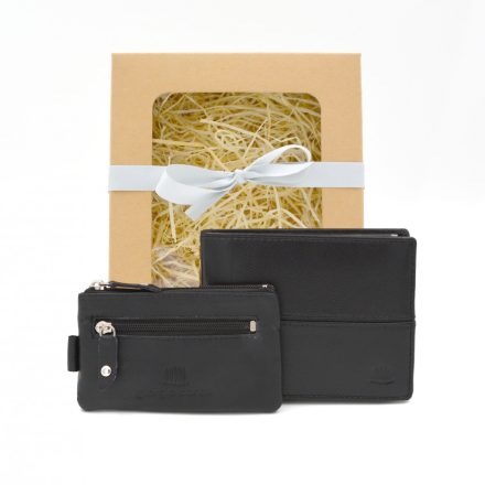 Férfi bőr pénztárca, kulcstartó ajándékcsomag, fekete Giorgio Carelli + ajándék díszdoboz